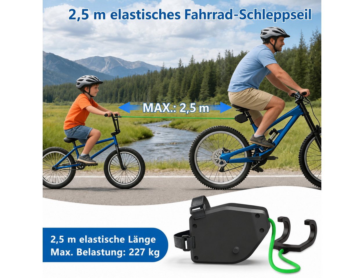 AIMAX Abschleppseil Fahrrad Abschleppseil Kinder, 2,5 m Zugseil bis 90 kg, Schwarz, Fahrradleine & Fahrrad Traktionsseil, Nylon, 2 Befestigungsgurte Bild 3