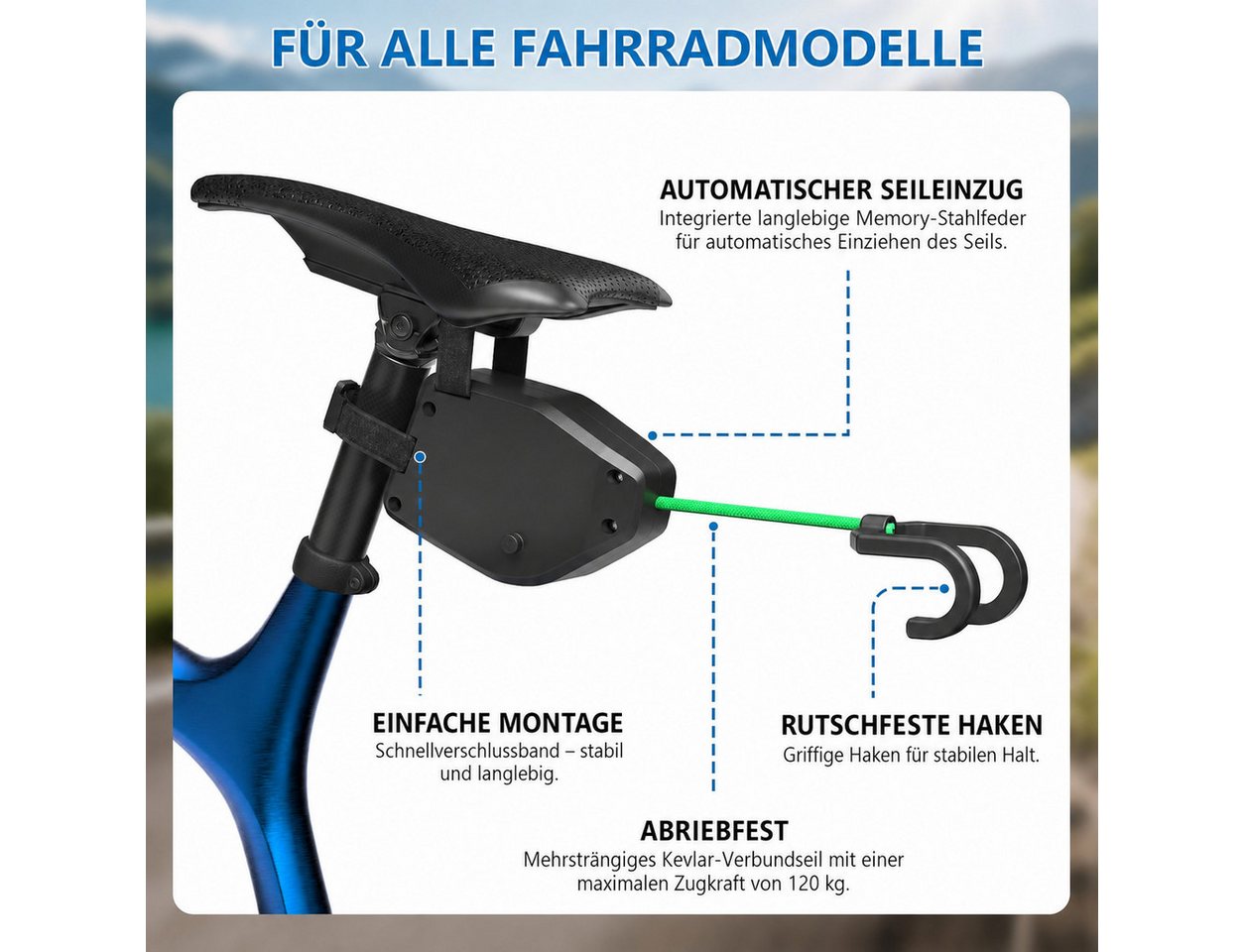 AIMAX Abschleppseil Fahrrad Abschleppseil Kinder, 2,5 m Zugseil bis 90 kg, Schwarz, Fahrradleine & Fahrrad Traktionsseil, Nylon, 2 Befestigungsgurte Bild 4