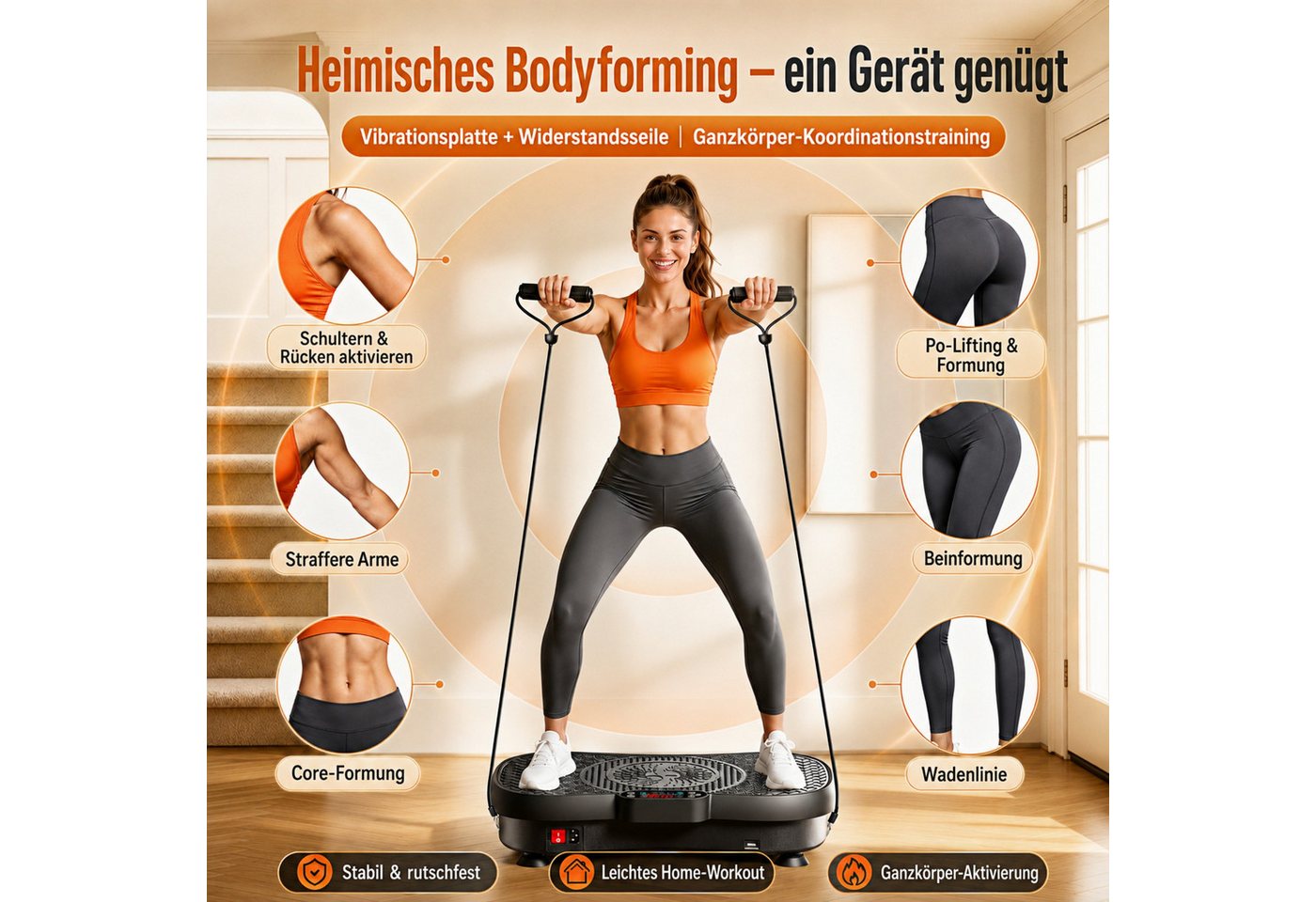 GIDGIMO Vibrationsplatte Power-S200 Vibrationsplatte 180 Geschwindigkeitsstufen, 5 Programmen, 150 W, 180 Intensitätsstufen, Fernbedienung, Widerstandsbändern, leiser Motor, bis 200 kg belastbar