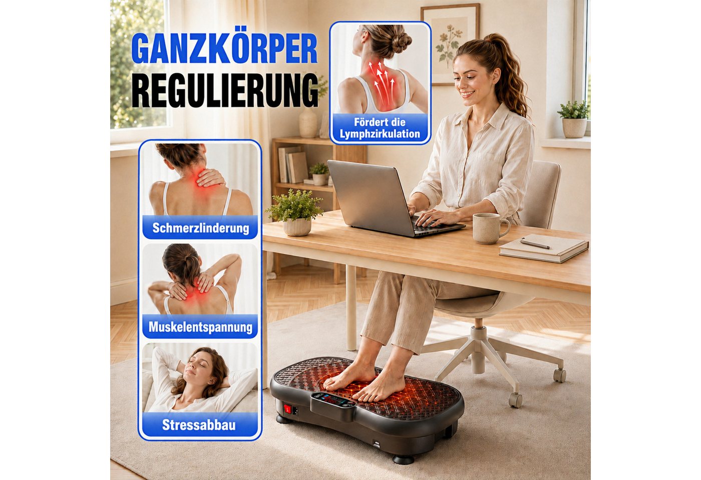 GIDGIMO Vibrationsplatte Power-S200 Vibrationsplatte 180 Geschwindigkeitsstufen, 5 Programmen, 150 W, 180 Intensitätsstufen, Fernbedienung, Widerstandsbändern, leiser Motor, bis 200 kg belastbar Bild 2
