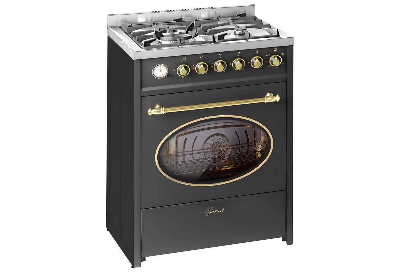 GURARI Gas-Standherd 60 cm Retro Gasherd mit Elektrobackofen 60 L, Schwarz, ErdgasFl.Gas E 614 BL r., mit 1-fach-Teleskopauszug, Gas Kochfeld mit WOK Brenner, Multi 8 Backofen, Heißluftsystem
