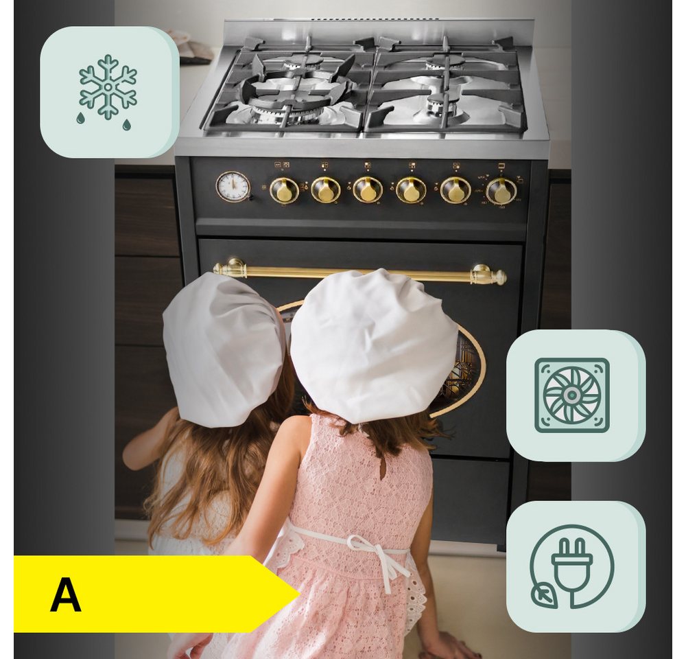 GURARI Gas-Standherd 60 cm Retro Gasherd mit Elektrobackofen 60 L, Schwarz, ErdgasFl.Gas E 614 BL r., mit 1-fach-Teleskopauszug, Gas Kochfeld mit WOK Brenner, Multi 8 Backofen, Heißluftsystem Bild 2