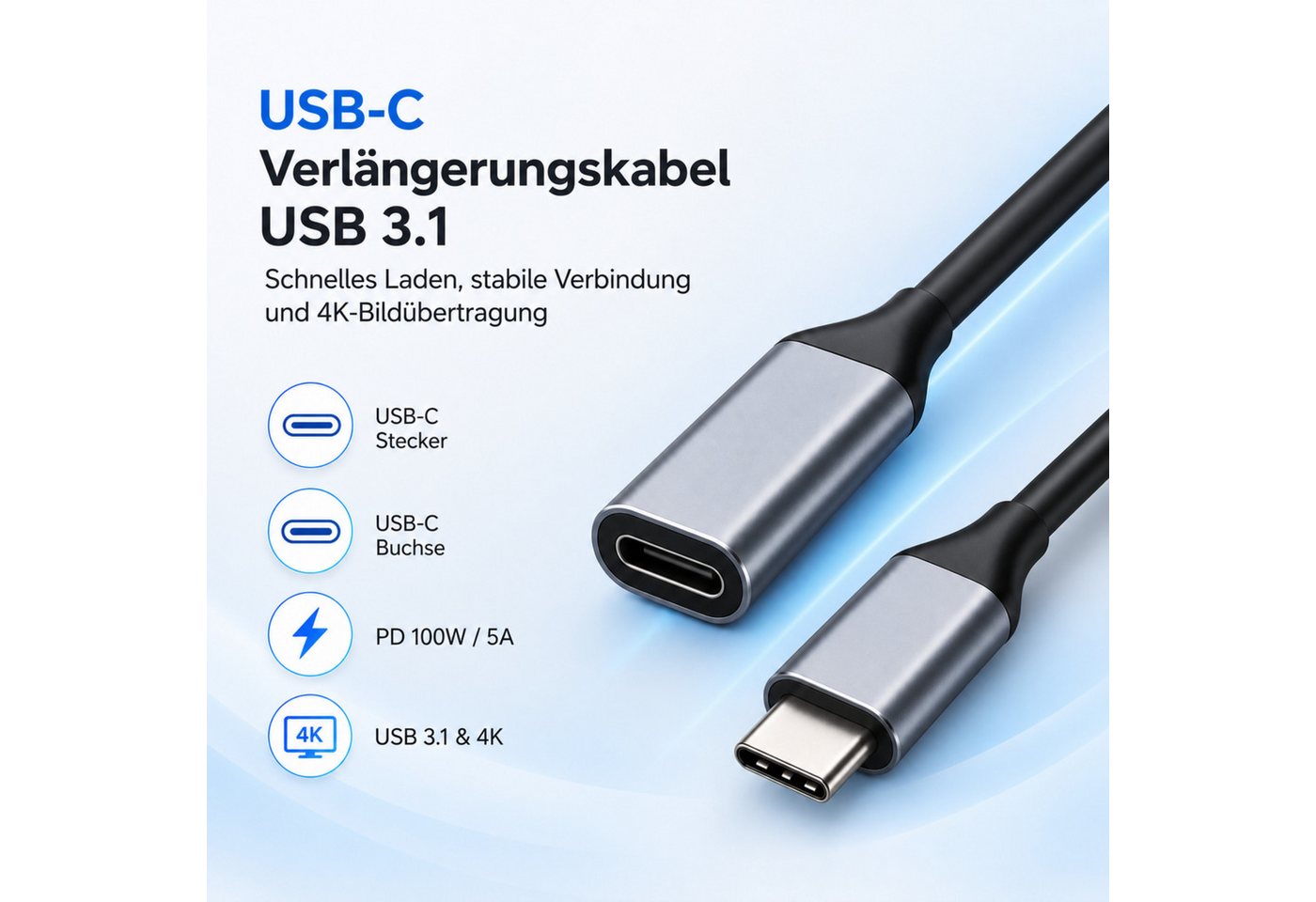 PlugUp USB-C Verlängerungskabel 100W 4K 10 Gbit/s USB-C Stecker auf Buchse USB-Kabel, USB-C, USB Typ C (100 cm), Bis zu 100W Schnellladen, 4K-Video & bis zu 10 Gbit/s Datenübertragung