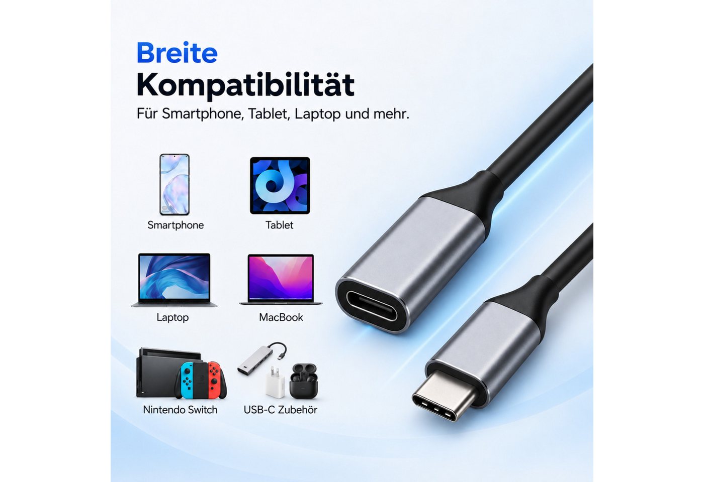 PlugUp USB-C Verlängerungskabel 100W 4K 10 Gbit/s USB-C Stecker auf Buchse USB-Kabel, USB-C, USB Typ C (100 cm), Bis zu 100W Schnellladen, 4K-Video & bis zu 10 Gbit/s Datenübertragung Bild 4