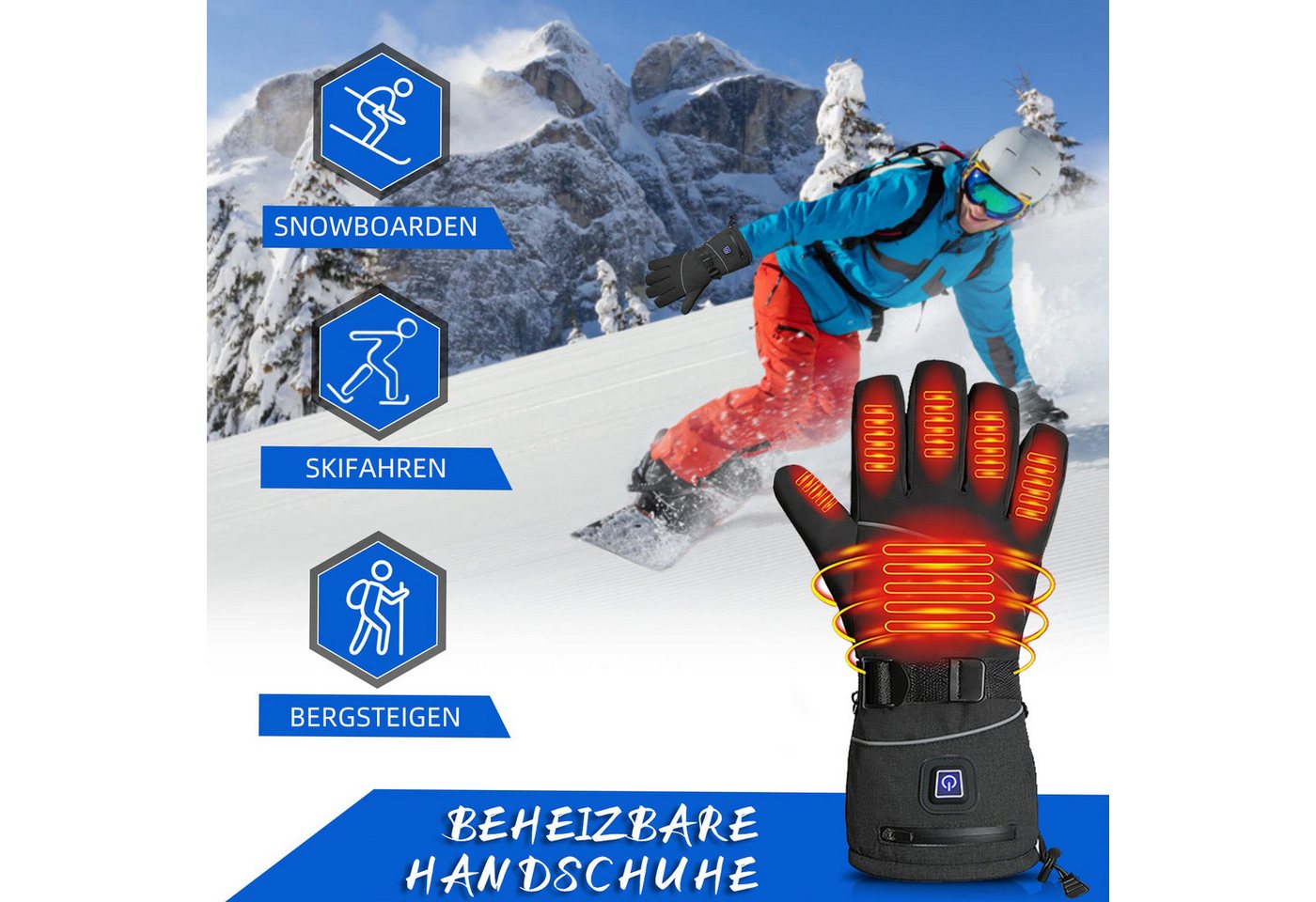 Lisabonde Hitzeschutzhandschuhe Beheizbare Winterhandschuhe, wasserdicht, Touchscreen, 3 Heizstufen Beheizbar, Touchscreen, wasser- & winddicht, verstellbares Armband