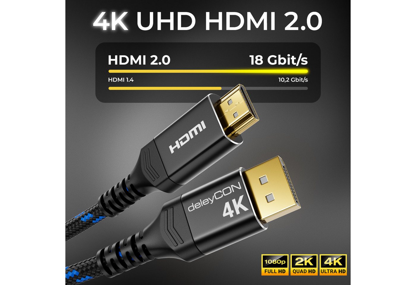 deleyCON 2m 4K DisplayPort zu HDMI Kabel 4K@60Hz Nylon Kabel Alu Stecker Video-Kabel