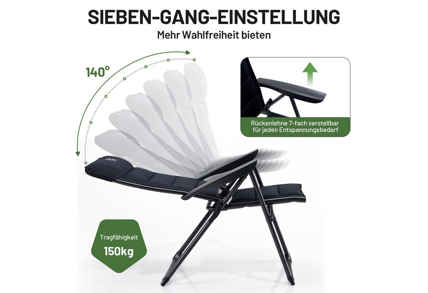 TIMBER RIDGE Campingstuhl 7-fach Verstellbar 150kg Belastbar Gepolsterte Kopfstütze Stabil (2 St) Bild 2