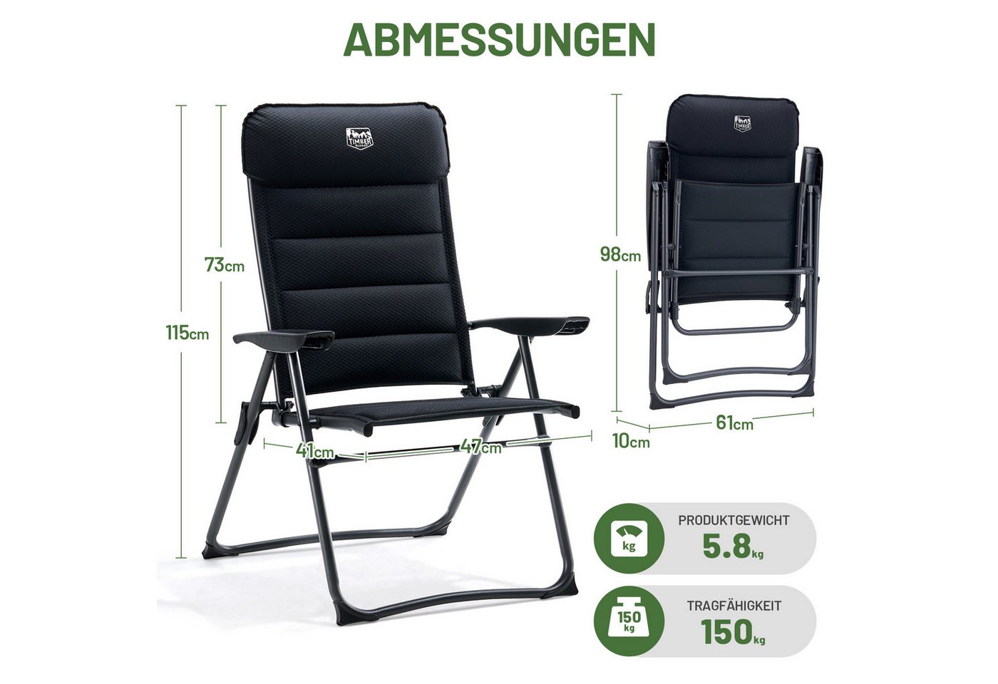 TIMBER RIDGE Campingstuhl 7-fach Verstellbar 150kg Belastbar Gepolsterte Kopfstütze Stabil (2 St) Bild 5