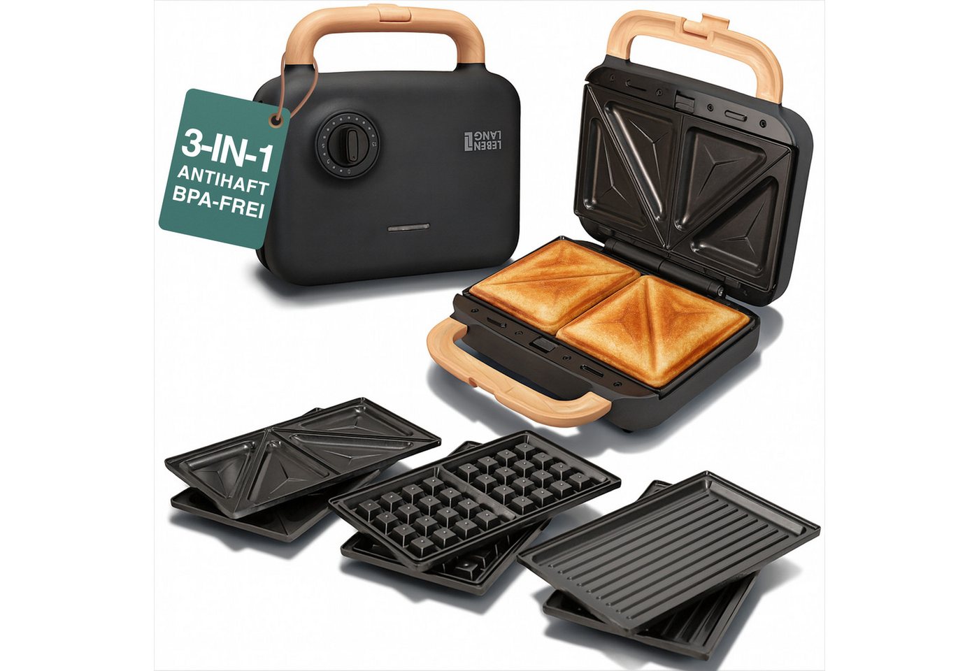 Lebenlang 3-in-1-Sandwichmaker Waffeleisen - Sandwichmaker - Kontaktgrill - Für Panini, Waffeln & Co., 850 W, 3in1 Kombi-Gerät, 15 Min. Timer, Hochwertiges Holzdesign Bild 2