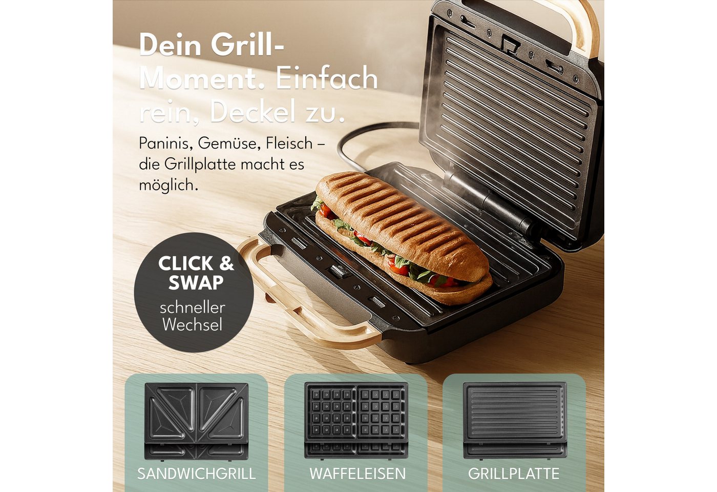 Lebenlang 3-in-1-Sandwichmaker Waffeleisen - Sandwichmaker - Kontaktgrill - Für Panini, Waffeln & Co., 850 W, 3in1 Kombi-Gerät, 15 Min. Timer, Hochwertiges Holzdesign Bild 3