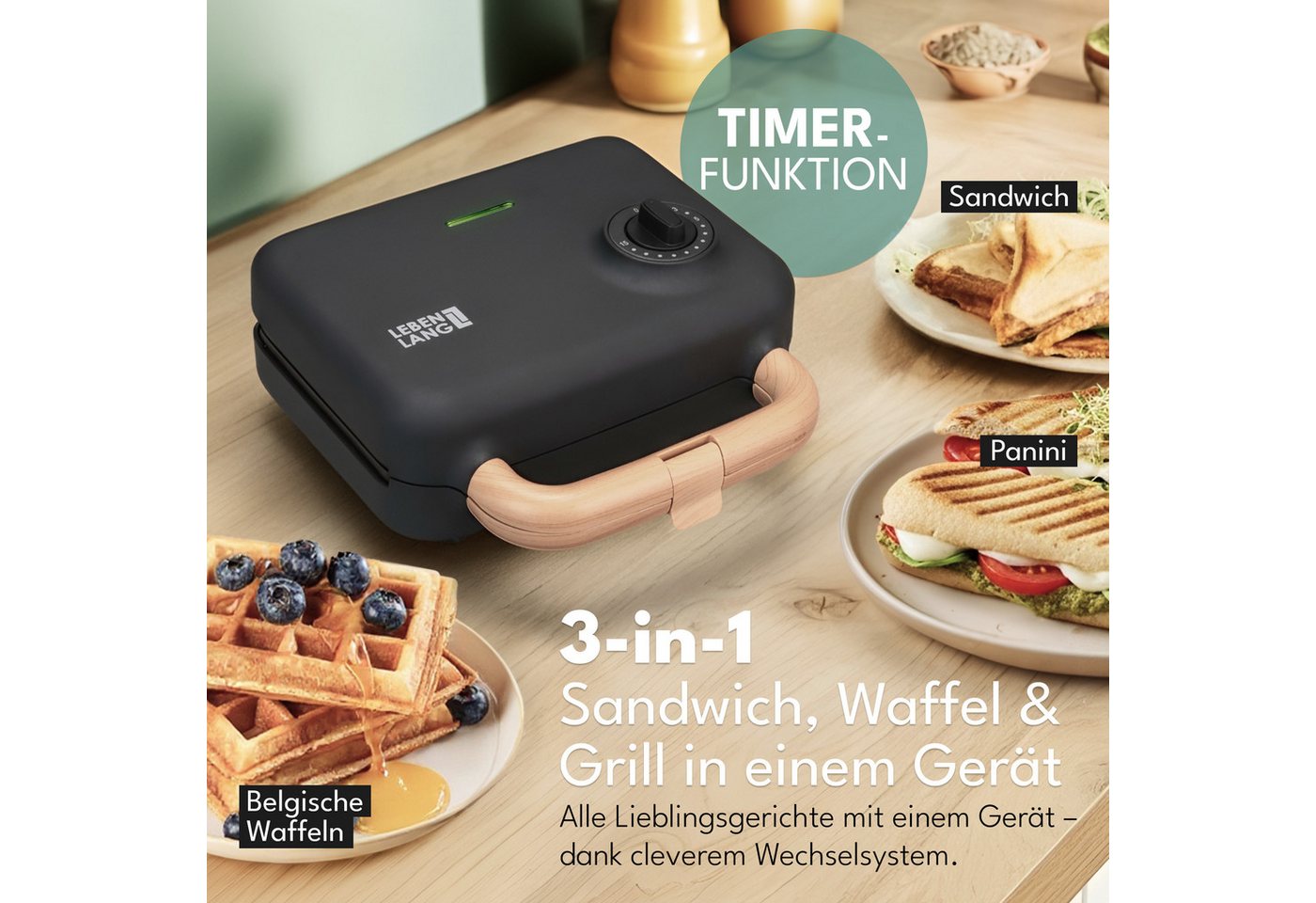 Lebenlang 3-in-1-Sandwichmaker Waffeleisen - Sandwichmaker - Kontaktgrill - Für Panini, Waffeln & Co., 850 W, 3in1 Kombi-Gerät, 15 Min. Timer, Hochwertiges Holzdesign Bild 4