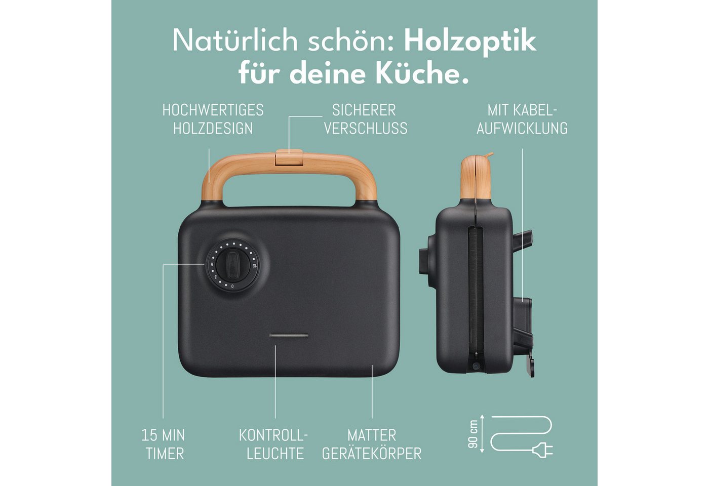Lebenlang 3-in-1-Sandwichmaker Waffeleisen - Sandwichmaker - Kontaktgrill - Für Panini, Waffeln & Co., 850 W, 3in1 Kombi-Gerät, 15 Min. Timer, Hochwertiges Holzdesign Bild 5