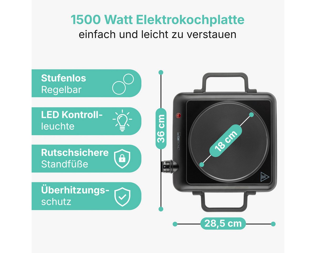 CLATRONIC Einzelkochplatte EKP 3582, für Camping, Küche, Büro, 1500W, Ø ca. 180 mm Bild 4