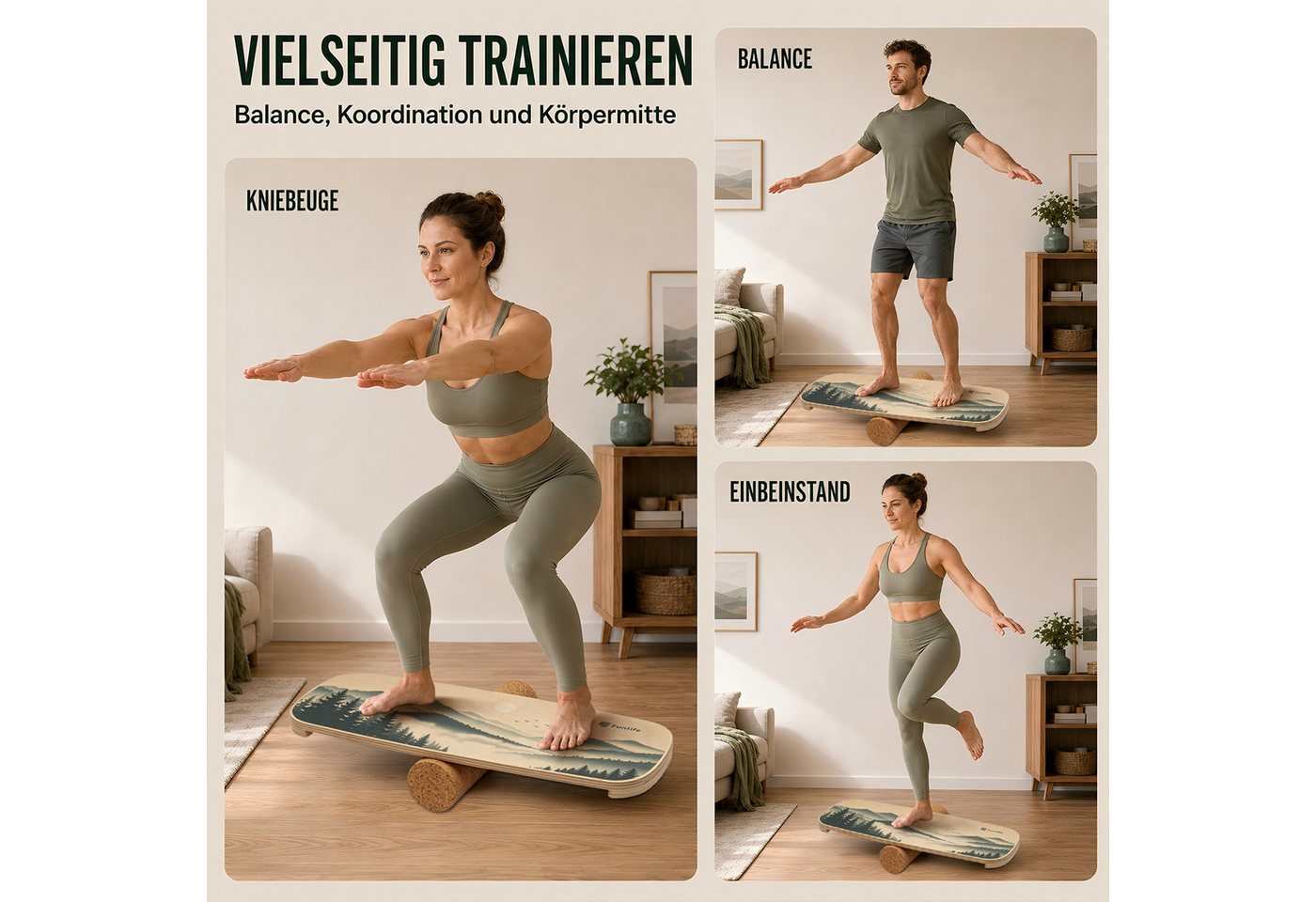 FunLife Balanceboard Design-Edition – einzeln, mit Fitnessbändern oder Balance-Zubehör, Wackelbrett aus Birkenholz mit Korkrolle, bis 150 kg belastbar