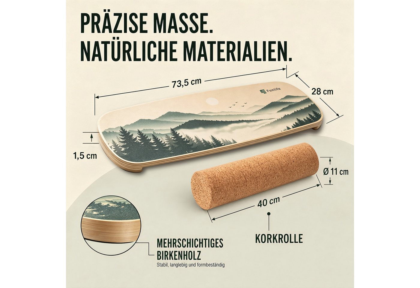 FunLife Balanceboard Design-Edition – einzeln, mit Fitnessbändern oder Balance-Zubehör, Wackelbrett aus Birkenholz mit Korkrolle, bis 150 kg belastbar Bild 2