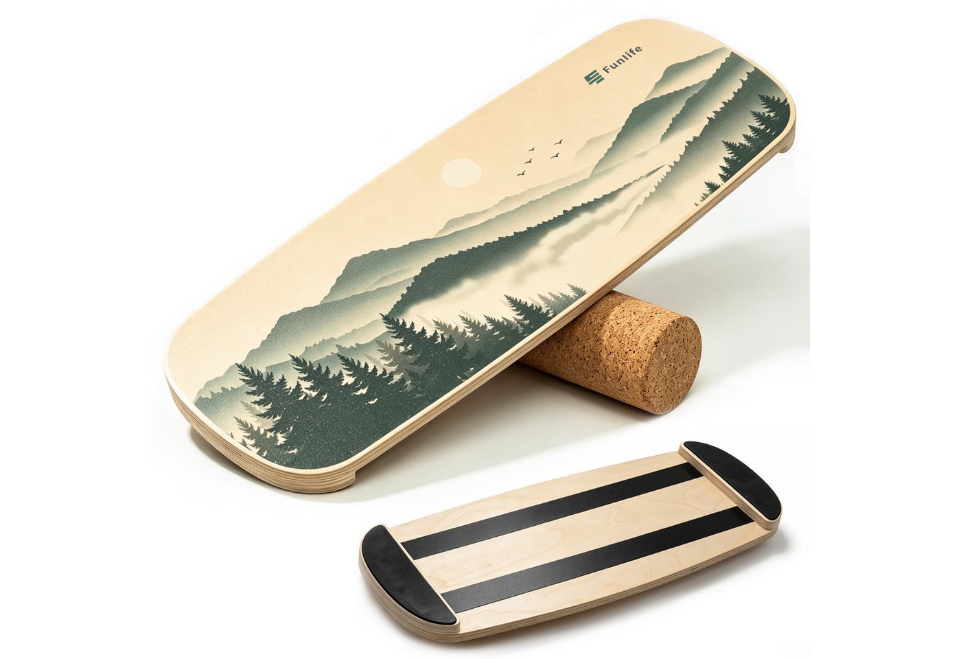 FunLife Balanceboard Design-Edition – einzeln, mit Fitnessbändern oder Balance-Zubehör, Wackelbrett aus Birkenholz mit Korkrolle, bis 150 kg belastbar Bild 3