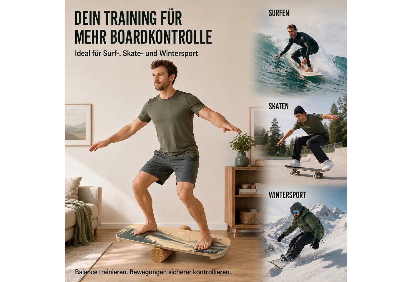 FunLife Balanceboard Design-Edition – einzeln, mit Fitnessbändern oder Balance-Zubehör, Wackelbrett aus Birkenholz mit Korkrolle, bis 150 kg belastbar Bild 5