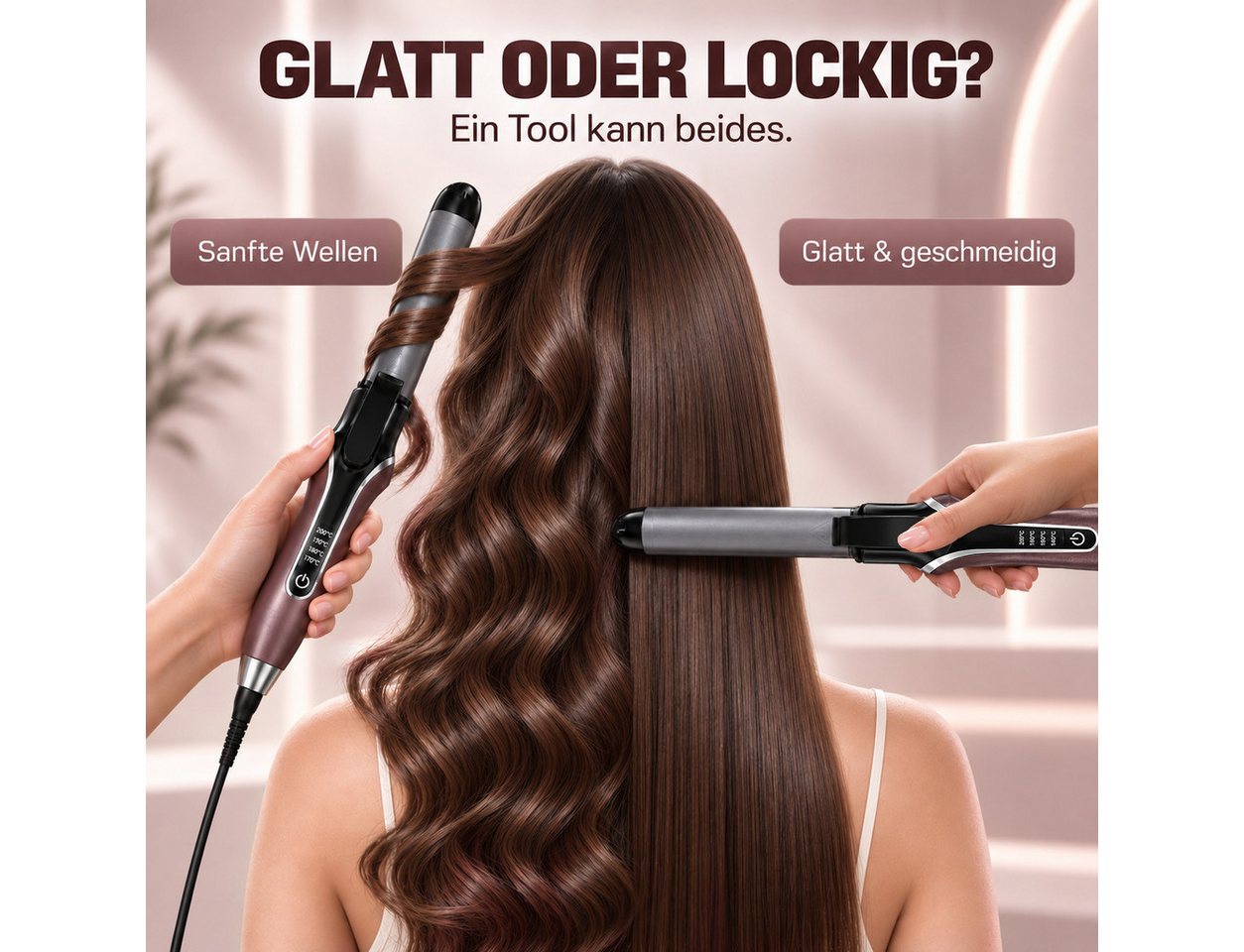 Futicare Lockenstab 32 mm & Glätteisen 2 in 1, Umschaltung per Schalter, Keramik-Beschichtung, 4 Temperaturstufen 170–200 °C, PTC-Schnellaufheizung, 60 Min. Auto-Abschaltung