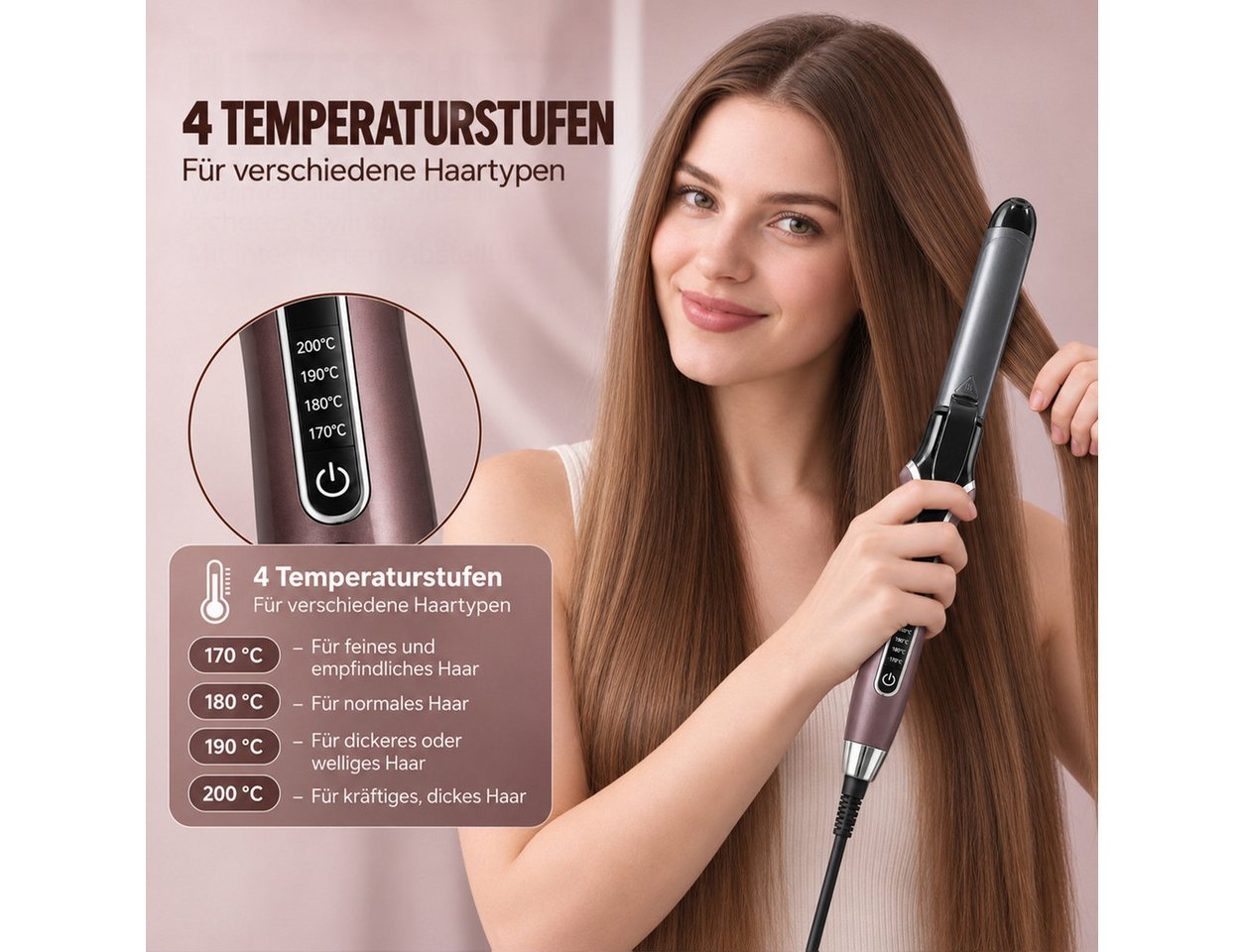Futicare Lockenstab 32 mm & Glätteisen 2 in 1, Umschaltung per Schalter, Keramik-Beschichtung, 4 Temperaturstufen 170–200 °C, PTC-Schnellaufheizung, 60 Min. Auto-Abschaltung Bild 2