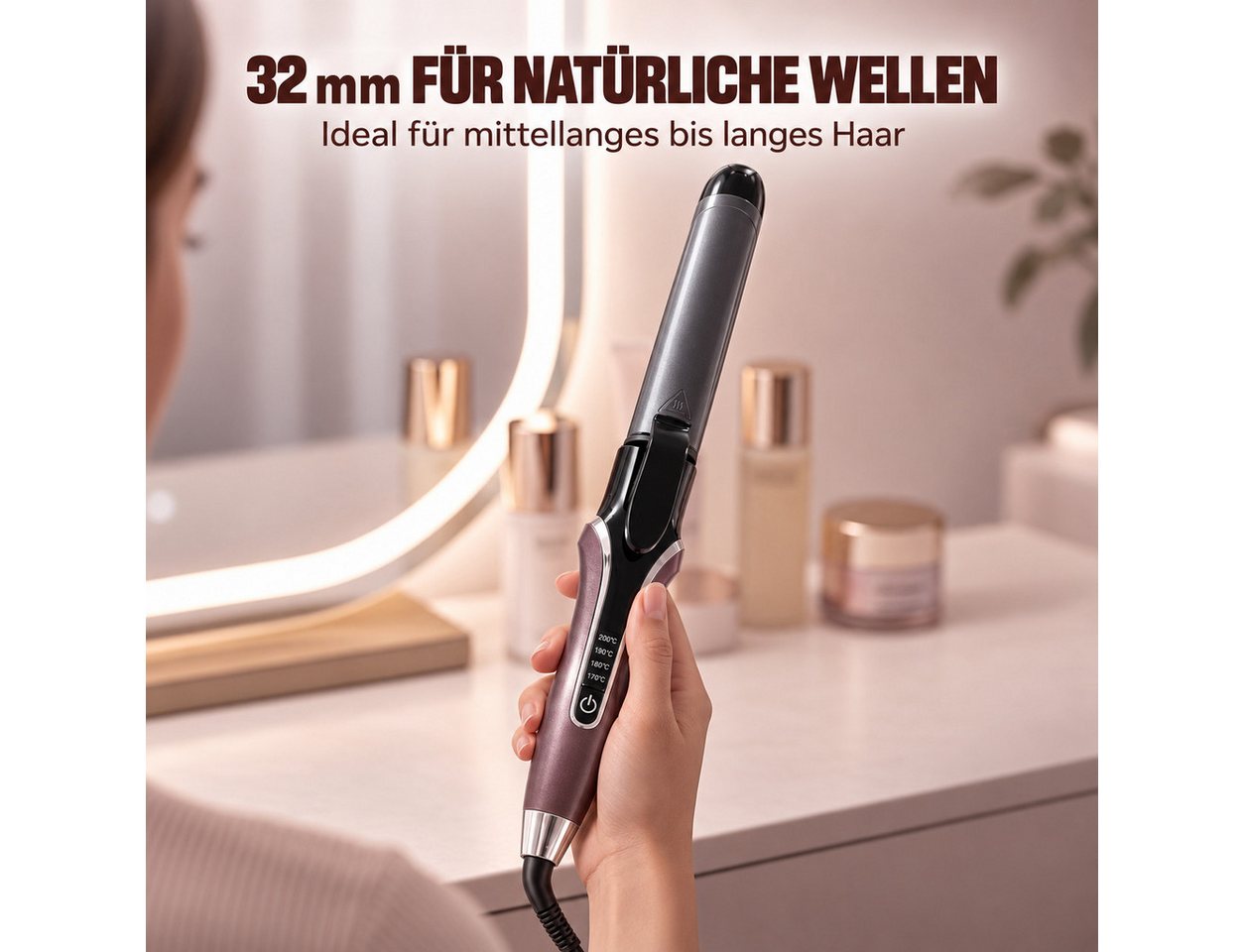 Futicare Lockenstab 32 mm & Glätteisen 2 in 1, Umschaltung per Schalter, Keramik-Beschichtung, 4 Temperaturstufen 170–200 °C, PTC-Schnellaufheizung, 60 Min. Auto-Abschaltung Bild 3