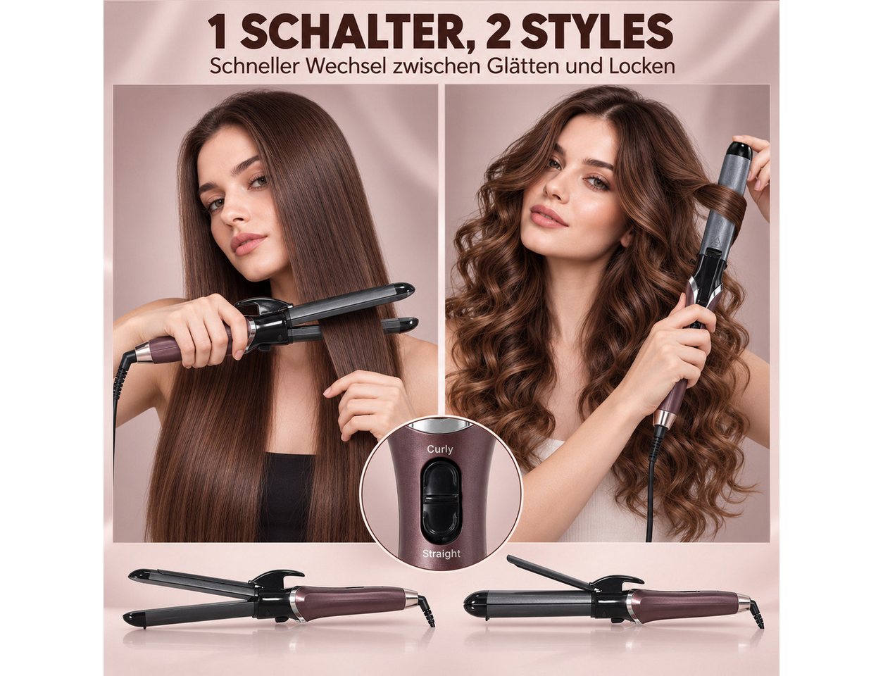 Futicare Lockenstab 32 mm & Glätteisen 2 in 1, Umschaltung per Schalter, Keramik-Beschichtung, 4 Temperaturstufen 170–200 °C, PTC-Schnellaufheizung, 60 Min. Auto-Abschaltung Bild 4