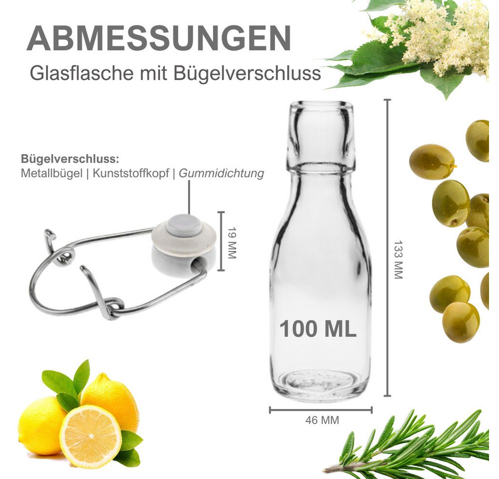 mikken Trinkflasche Set 6, 10 Glasflaschen mit Bügelverschluss 100 ml + Etiketten, Inklusive Beschriftungsetiketten