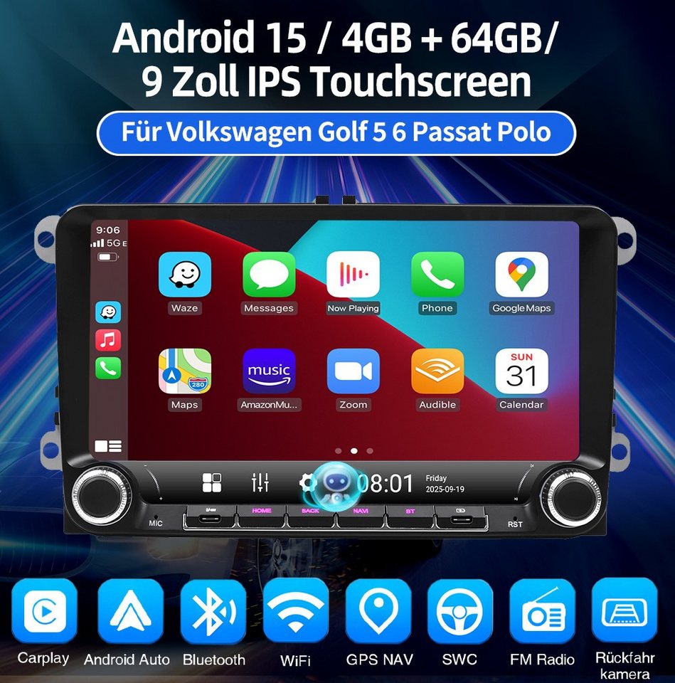 ESSGOO Für VW Golf 5 6 Plus Jetta Touran Caddy Tiguan Carplay Android 15 Autoradio (RDS, Digitalradio (DAB), FM, Carplay Android Auto Navi WIFI BT EQ)