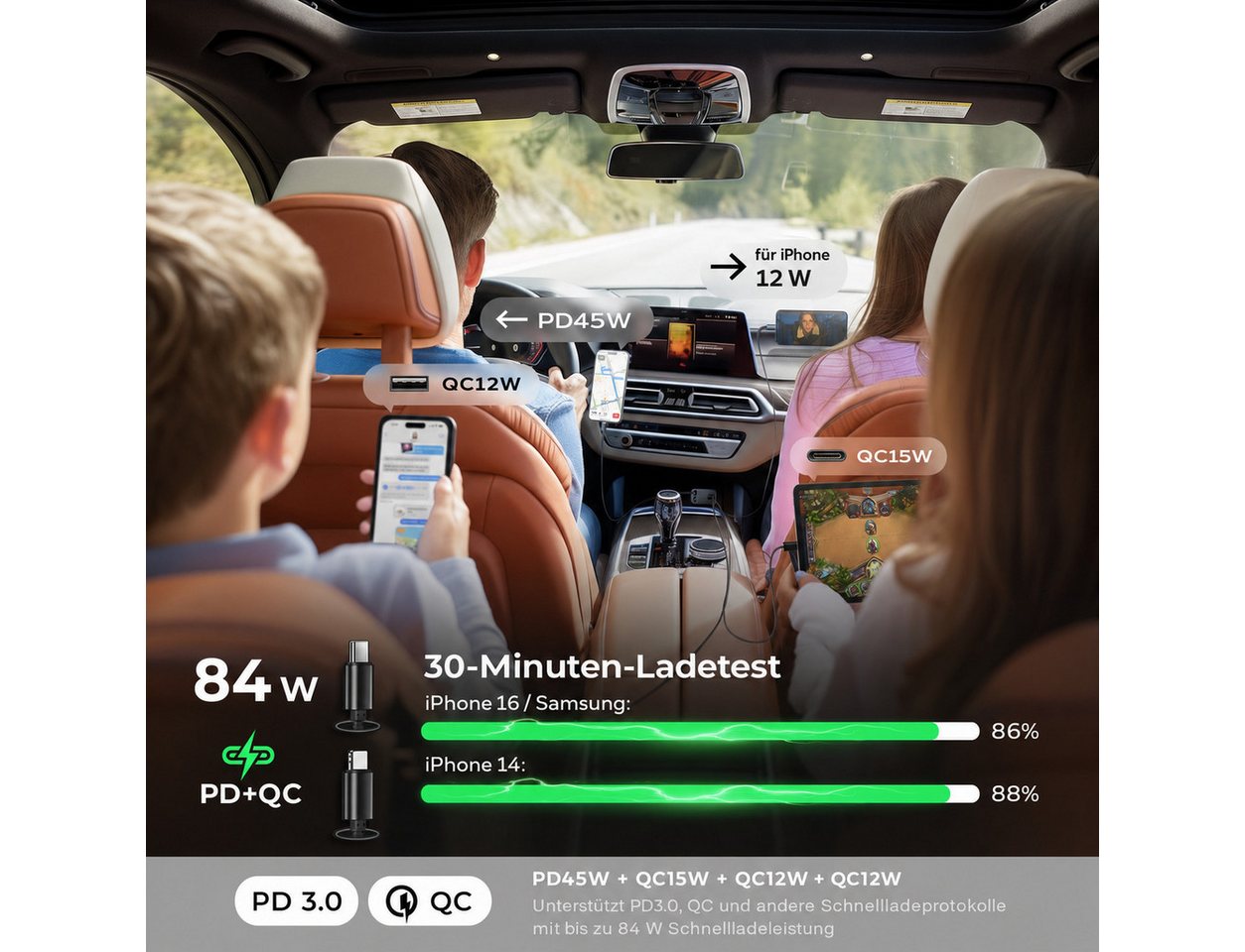 AIMAX Zigarettenanzünder USB C Auto Ladegerät 4in1, 30W, Grau KFZ-Netzteil (Handy KFZ Ladegerät, KFZ USB C Adapter und Auto Schnellladegerät) Bild 4
