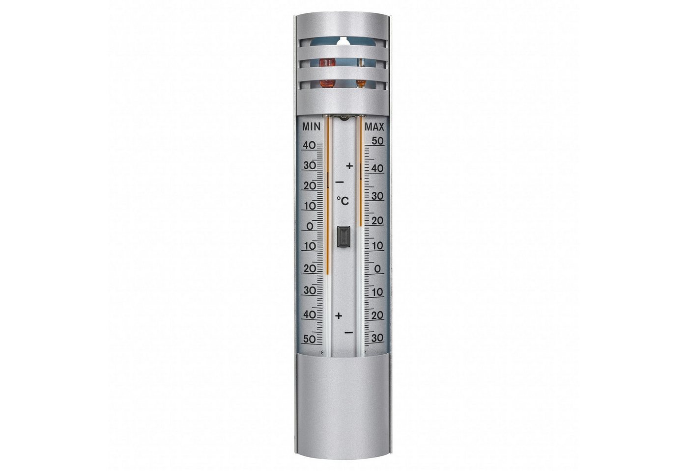 TFA Dostmann Raumthermometer Maxima-Minima-Thermometer aus Aluminium silber, Zeigt aktuelle hoechste und tiefste Temperatur an