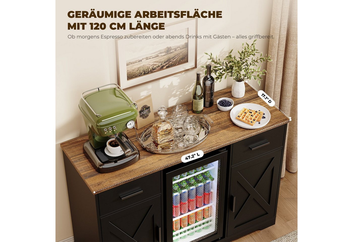 BROTTAR Kühlschrank Barschrank - Kaffeebar mit Kühlschrank, Weinregal und 2 Schubladen BC-925, 83.5 cm hoch, 120 cm breit, mit breiter Ablage, Schwarz