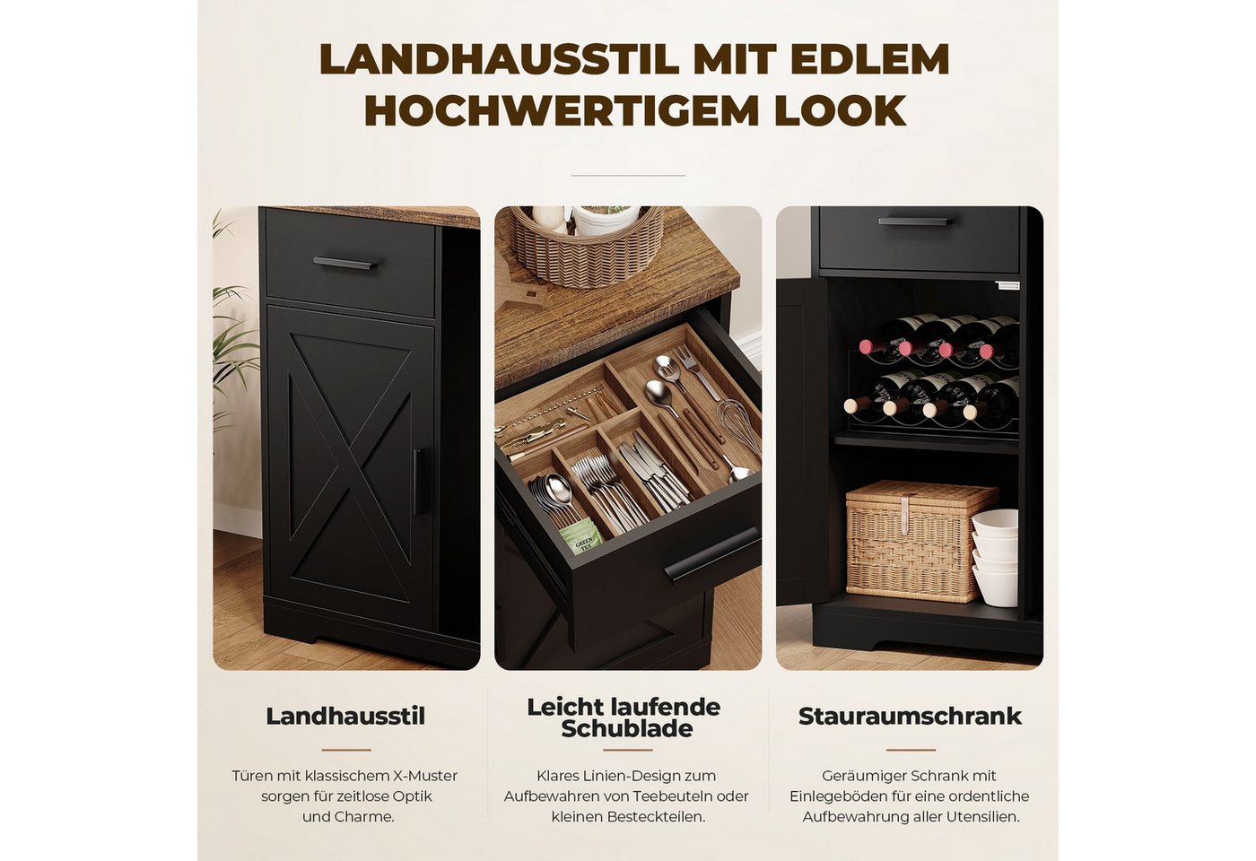 BROTTAR Kühlschrank Barschrank - Kaffeebar mit Kühlschrank, Weinregal und 2 Schubladen BC-925, 83.5 cm hoch, 120 cm breit, mit breiter Ablage, Schwarz Bild 2
