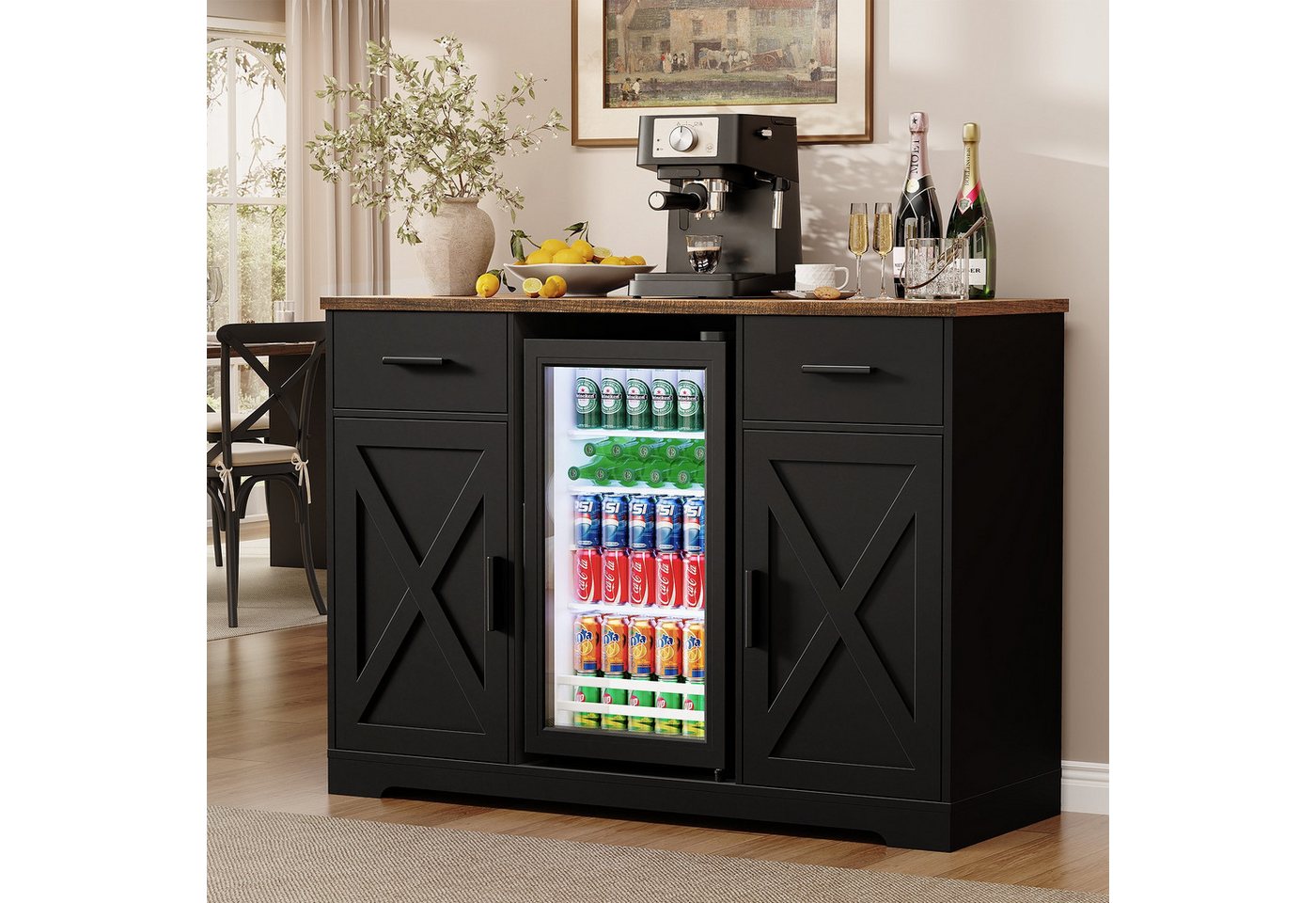 BROTTAR Kühlschrank Barschrank - Kaffeebar mit Kühlschrank, Weinregal und 2 Schubladen BC-925, 83.5 cm hoch, 120 cm breit, mit breiter Ablage, Schwarz Bild 4