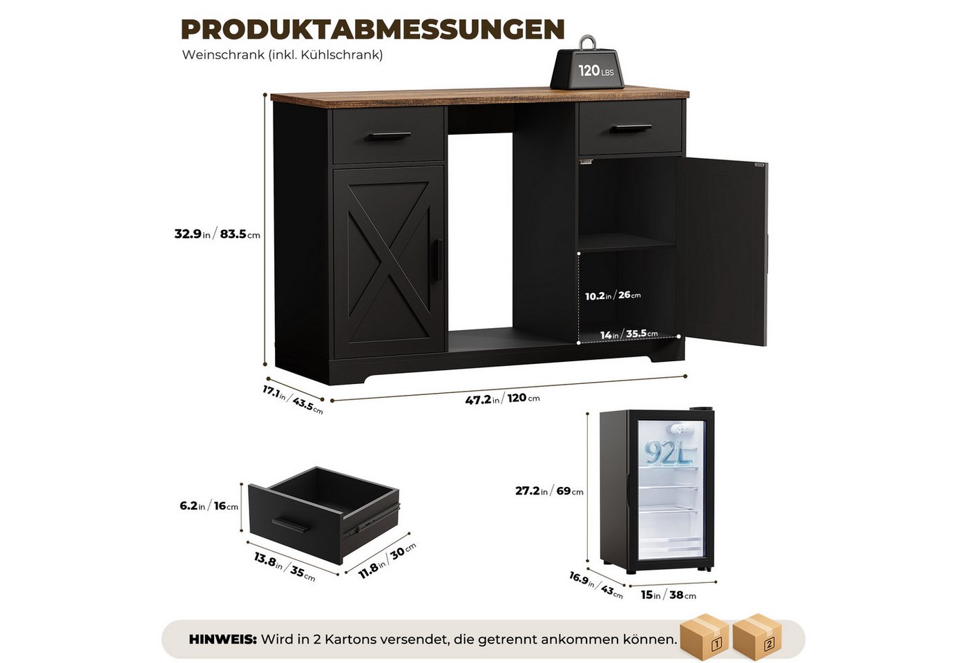 BROTTAR Kühlschrank Barschrank - Kaffeebar mit Kühlschrank, Weinregal und 2 Schubladen BC-925, 83.5 cm hoch, 120 cm breit, mit breiter Ablage, Schwarz Bild 5