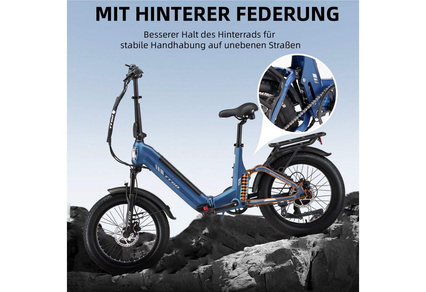 Vankel E-Bike Klapprad 20 Zoll, Fully Klapprad Fatbike, max. 150km, 150kg belastbar, 7 Gang SHIMANO, Kettenschaltung, Heckmotor, 720 Wh, (Softtail, separates Bremslicht, Vollfederung, Drehmomentsensor), Tiefeinstieg, Elektrofahrrad für Damen Herren, All-Terrain-E-Bike Bild 3