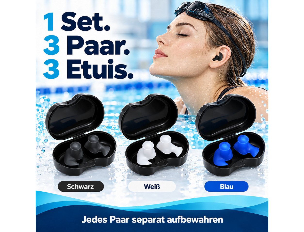 GOLDEN Schwimm-Ohrstöpsel Schwimm-Ohrstöpsel aus Silikon, wiederverwendbar, mit Etuis Bild 3