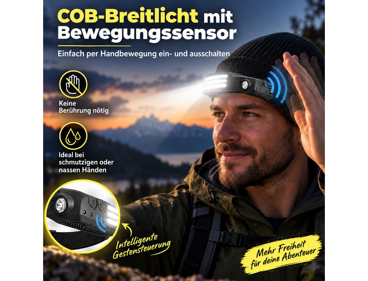 Luckice Stirnlampe LED Stirnlampe Wiederaufladbar, COB-Breitstrahl & Spotlight (Typ-C USB-Lade- Kopflampe, 3-St., 5 Modi Wasserdichte Headlight mit Bewegungssensor, für Nachtlaufen, Radfahren, Camping, Reparieren) Bild 2