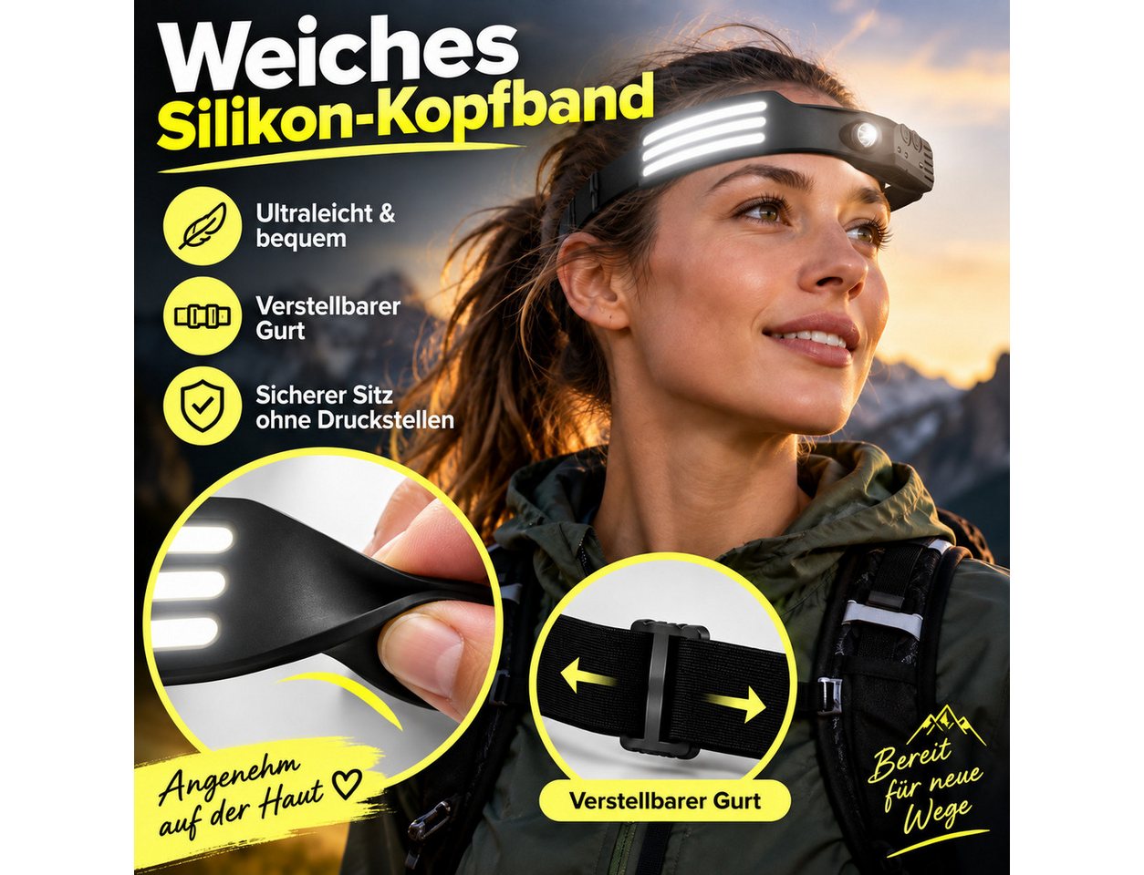Luckice Stirnlampe LED Stirnlampe Wiederaufladbar, COB-Breitstrahl & Spotlight (Typ-C USB-Lade- Kopflampe, 3-St., 5 Modi Wasserdichte Headlight mit Bewegungssensor, für Nachtlaufen, Radfahren, Camping, Reparieren) Bild 3
