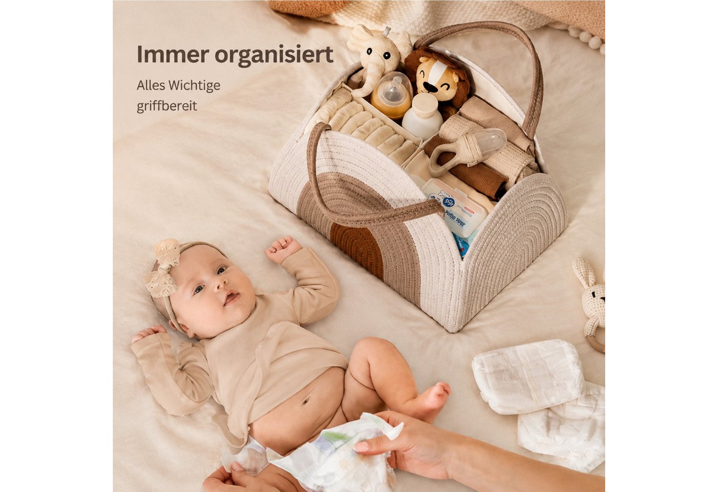 Jumpeak Windeltasche Geflochtener Aufbewahrungskorb,Baumwolle,32x20x22cm,Weiß (1er set), Korb Organizer für Windeln,Spielzeug,Büro,Schlafzimmer,handgeflochten Bild 2