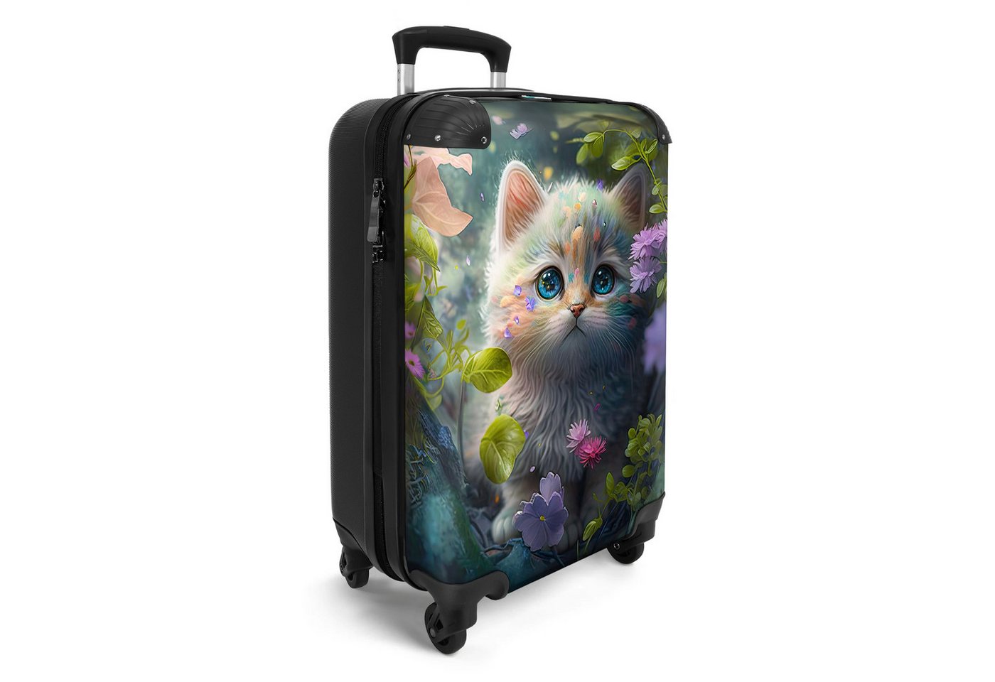 NoBoringSuitcases.com© Kinderkoffer Kätzchen - Blumen - Wald - Illustration - Katze 55x35x20cm, Reisetasche mit Rollen, Koffer Handgepäck Flugzeug