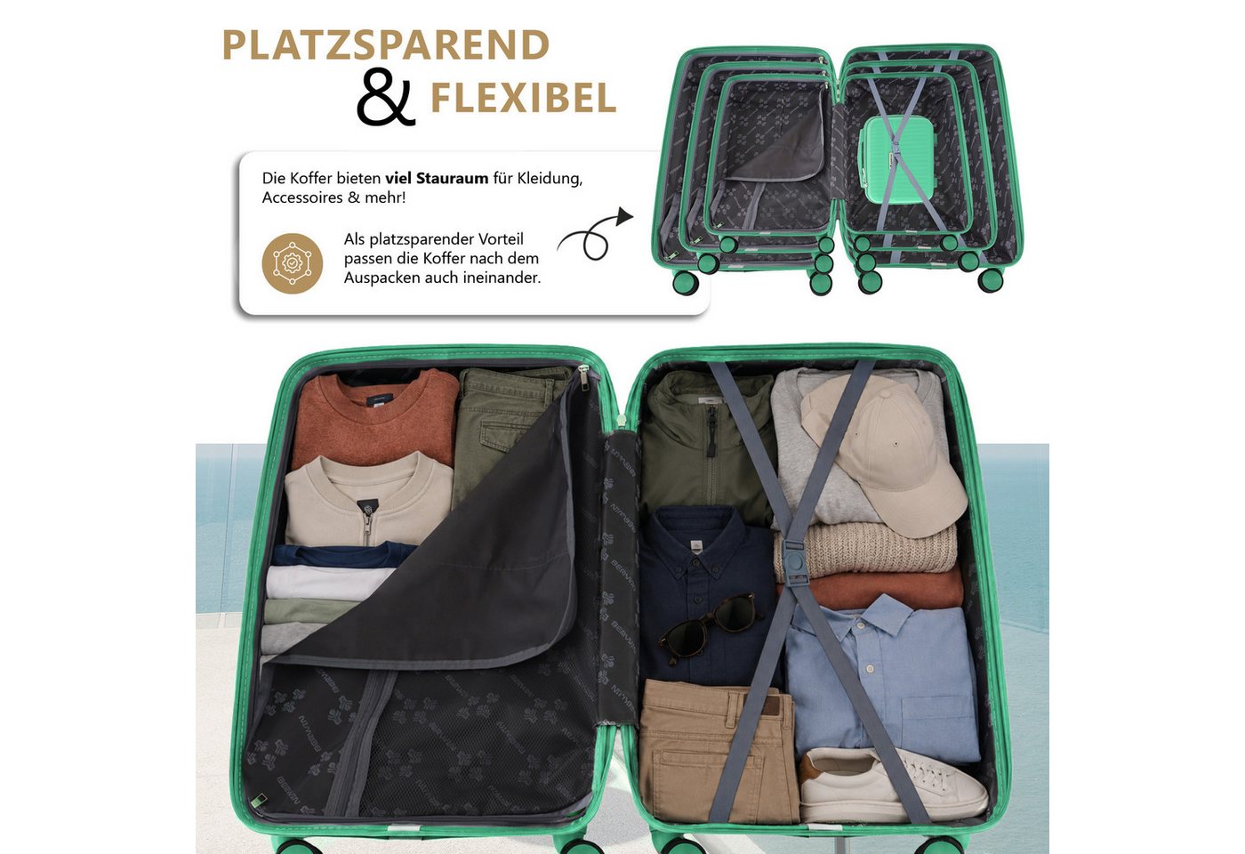 Berwin Trolleyset mit Beautycase Modell Cryta Aqua Breeze, 4 Rollen, (Set, 4 tlg., MS-19756)