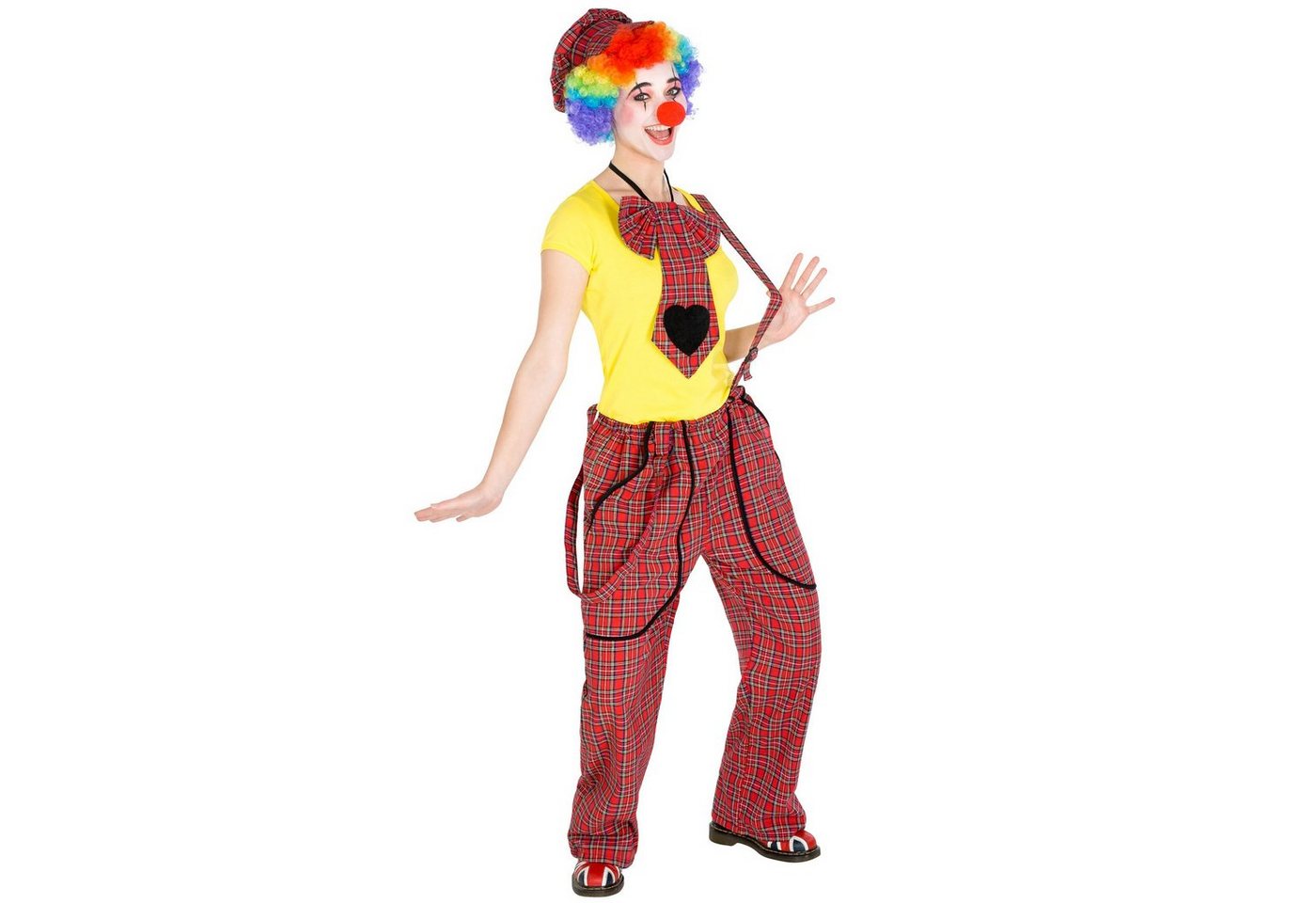 dressforfun Clown-Kostüm Spaßvogel/Komiker, in der Farbe rot, Konfektionsgröße S, Latzhose, Flippiger Karo-Look, Verstellbare Träger, Schildkappe, Clown-Nase