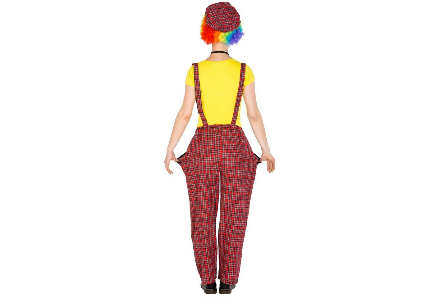 dressforfun Clown-Kostüm Spaßvogel/Komiker, in der Farbe rot, Konfektionsgröße S, Latzhose, Flippiger Karo-Look, Verstellbare Träger, Schildkappe, Clown-Nase Bild 3