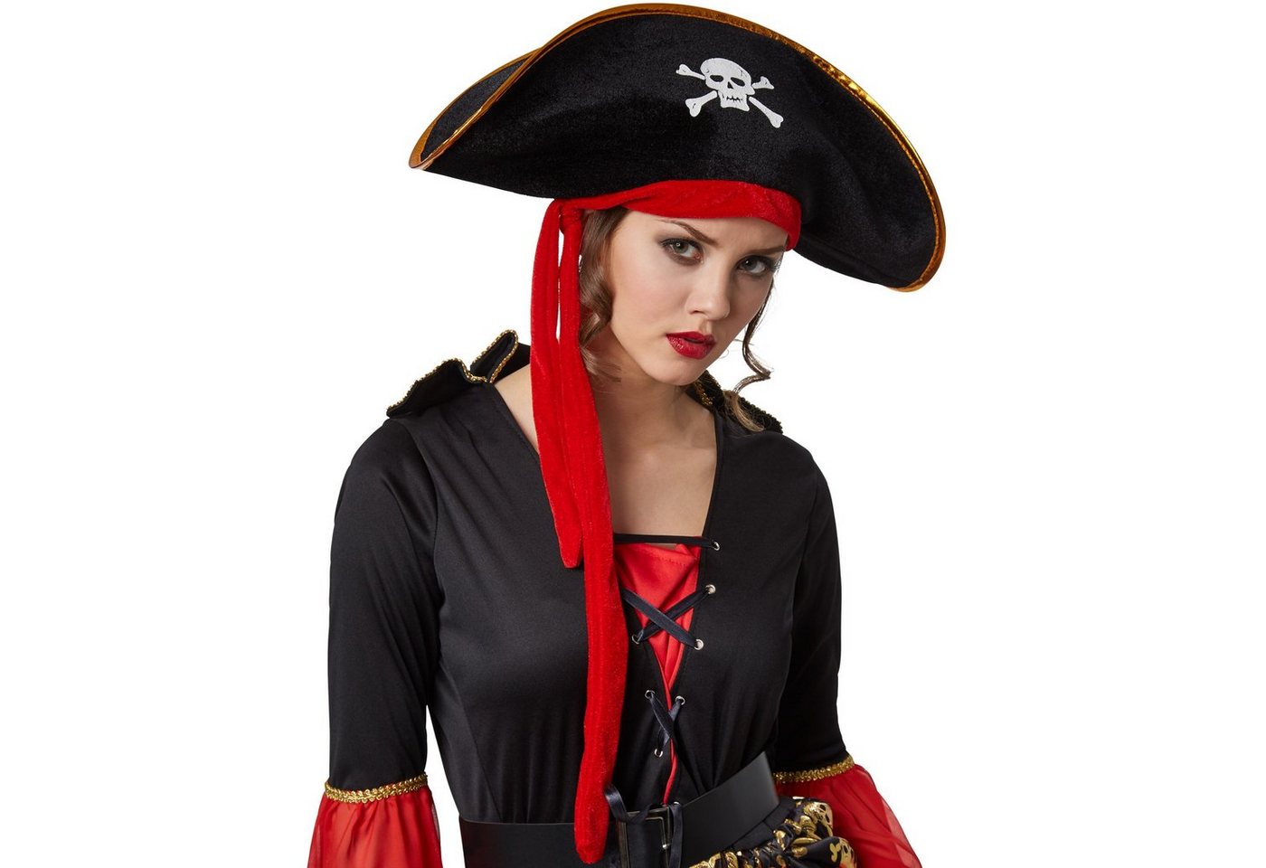 dressforfun Piraten-Kostüm Seeräuber/Freibeuter, Gr. S, Gürtel, Dekorative Schnürung am, in schwarz/rot, Kleid im Vokuhila-Stil mit abgesetztem Totenkopfmuster Bild 3