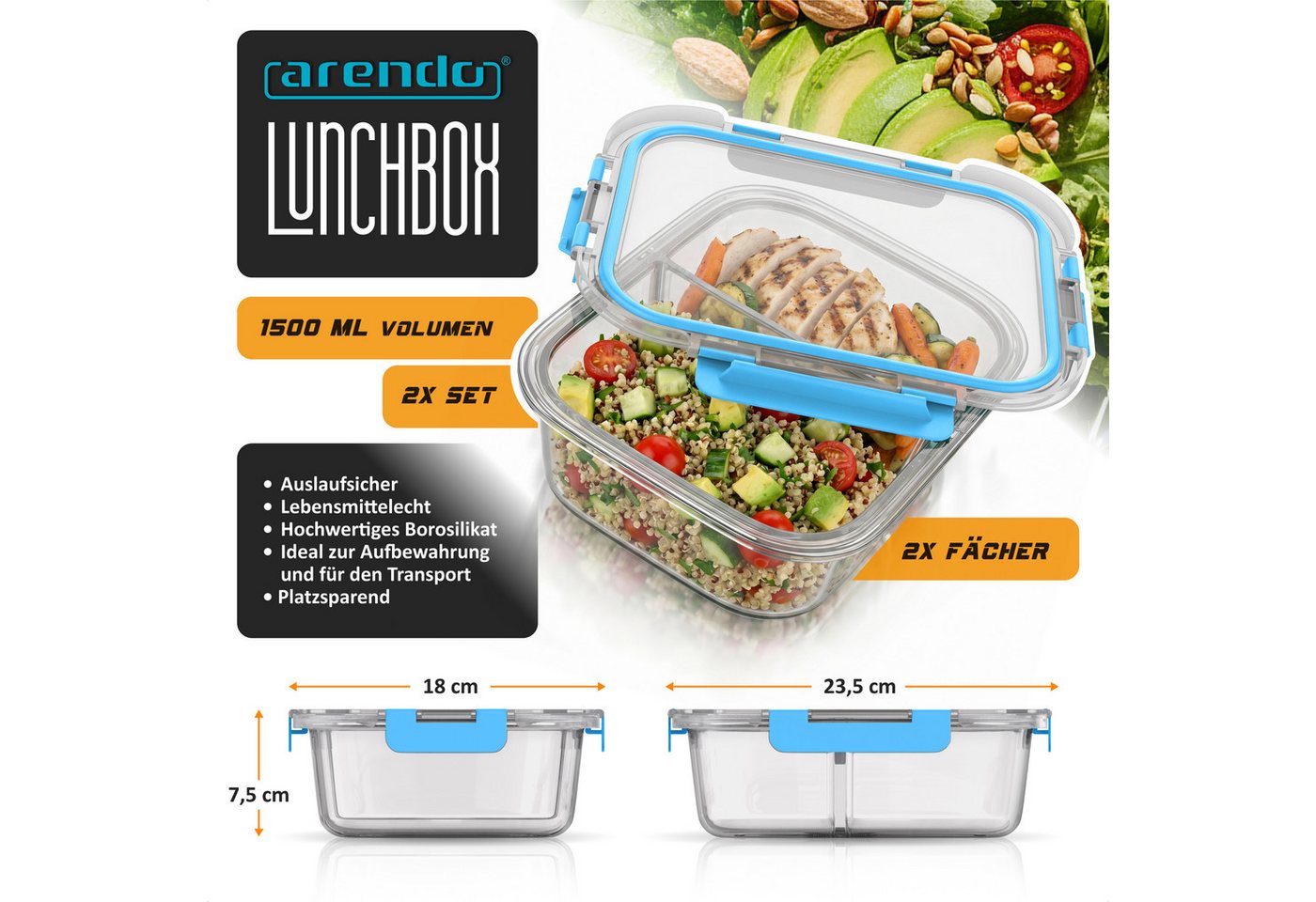 Arendo Frischhaltedose, 2 Fächer, Deckel, 2er Set Glas Vorratsdosen, Lunchboxen, auslaufsicher, transparent/blau