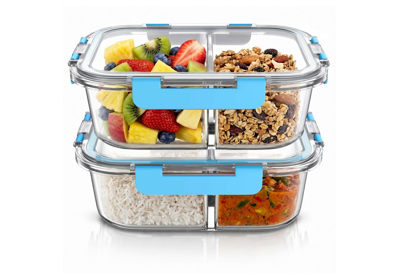 Arendo Frischhaltedose, 2 Fächer, Deckel, 2er Set Glas Vorratsdosen, Lunchboxen, auslaufsicher, transparent/blau Bild 3