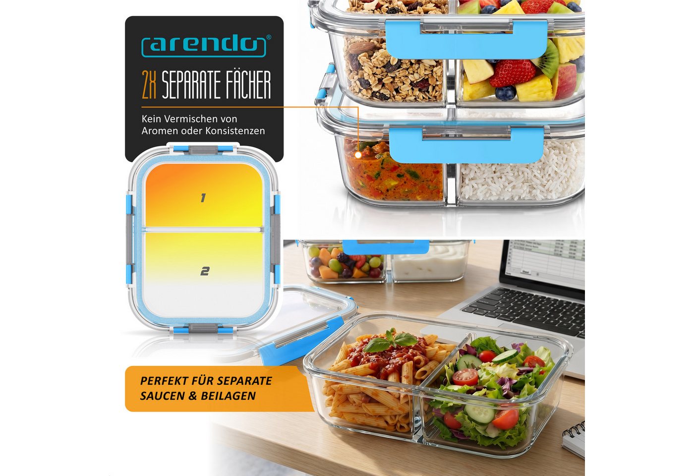 Arendo Frischhaltedose, 2 Fächer, Deckel, 2er Set Glas Vorratsdosen, Lunchboxen, auslaufsicher, transparent/blau Bild 4