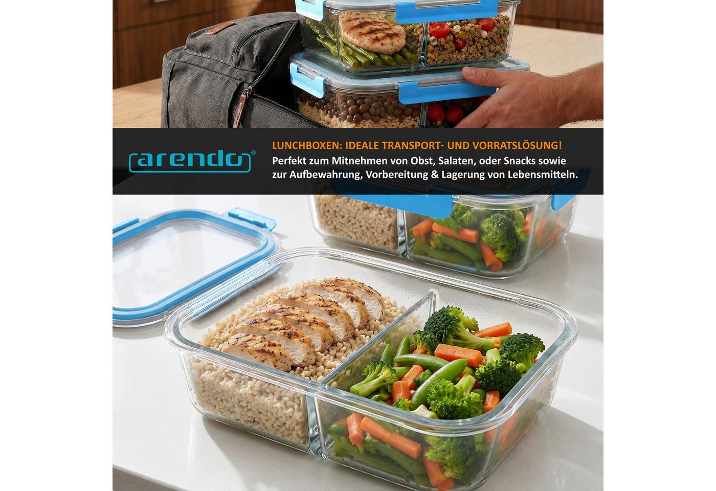 Arendo Frischhaltedose, 2 Fächer, Deckel, 2er Set Glas Vorratsdosen, Lunchboxen, auslaufsicher, transparent/blau Bild 5