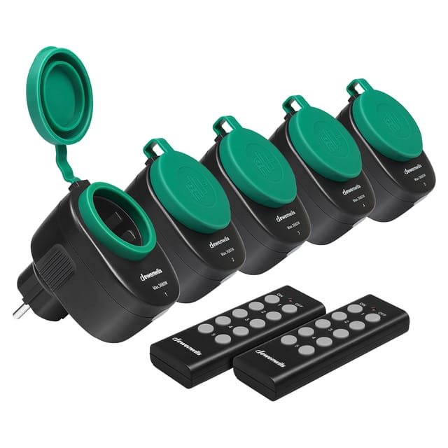 Funksteckdosen Outdoor 5er-Set, 3680W 16A, IP44 Wasserdicht, Schwarz - Dewenwils