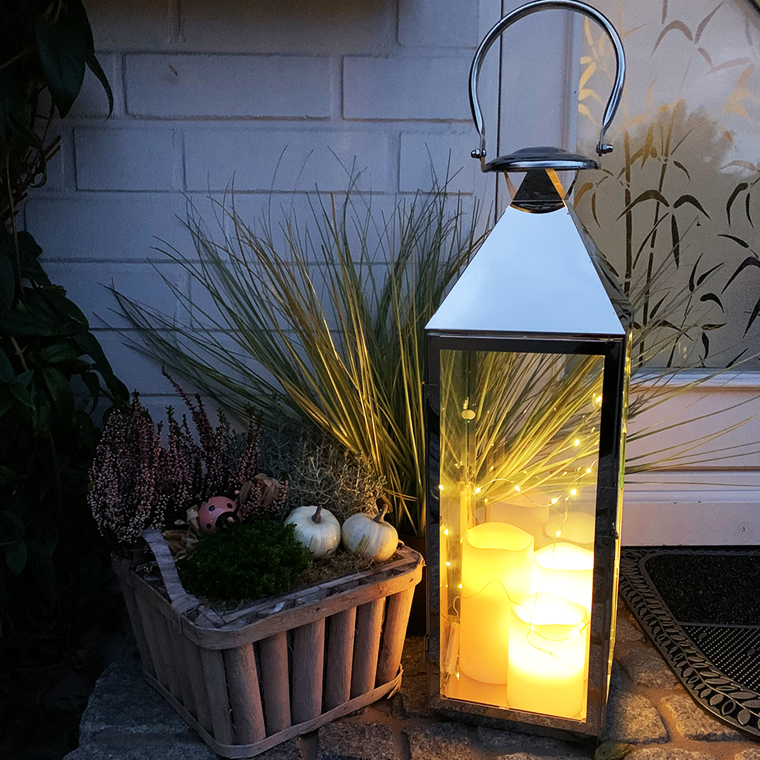 Edelstahl-laterne 54x18x18cm + 50'er Led Lichterkette + 3 Led Kerzen-m06398+mlk115w+myw52745-46-47