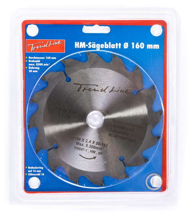 HM-Kreissägeblatt 160 mm, Bohrung 20 mm, 16 Zähne - Trendline